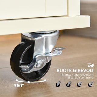 Isla de Cocina de Madera y MDF con Cajones, Armario y Toallero, Carrito de Cocina con 4 Ruedas para Utensilios, 110X49.5X89.5 Cm, Blanco