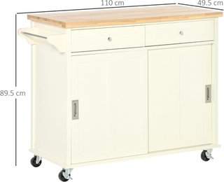 Isla de Cocina de Madera y MDF con Cajones, Armario y Toallero, Carrito de Cocina con 4 Ruedas para Utensilios, 110X49.5X89.5 Cm, Blanco