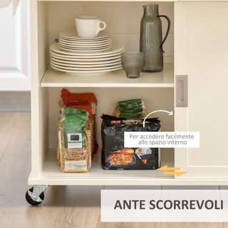 Isla de Cocina de Madera y MDF con Cajones, Armario y Toallero, Carrito de Cocina con 4 Ruedas para Utensilios, 110X49.5X89.5 Cm, Blanco