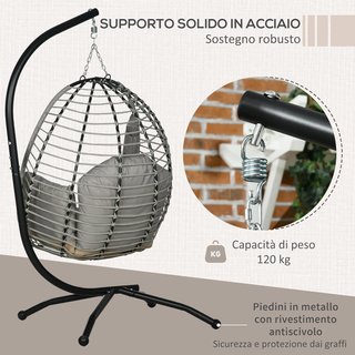 Silla Colgante Con Cojín Acolchado, Silla Colgante Balancín Con Asiento Plegable Y Estructura De Acero Y Cuerda, Gris