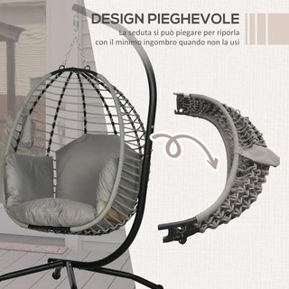Silla Colgante Con Cojín Acolchado, Silla Colgante Balancín Con Asiento Plegable Y Estructura De Acero Y Cuerda, Gris