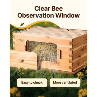 Kit de Inicio de Colmena de Abejas de 30 Marcos, Madera de Abeto Recubierta de Cera de Abeja, 2 Cajas Profundas + 1 Caja Media, Kit de Colmena Langstroth, Ventanas Acrílicas Transparentes con Fund...