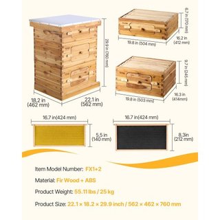 Kit de Inicio de Colmena de Abejas de 30 Marcos, Madera de Abeto Recubierta de Cera de Abeja, 2 Cajas Profundas + 1 Caja Media, Kit de Colmena Langstroth, Ventanas Acrílicas Transparentes con Fund...