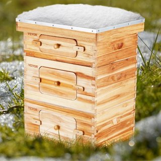 Kit de Inicio de Colmena de Abejas de 30 Marcos, Madera de Abeto Recubierta de Cera de Abeja, 2 Cajas Profundas + 1 Caja Media, Kit de Colmena Langstroth, Ventanas Acrílicas Transparentes con Fund...