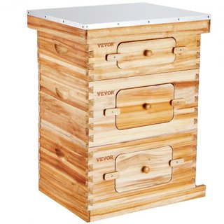 Kit de Inicio de Colmena de Abejas de 30 Marcos, Madera de Abeto Recubierta de Cera de Abeja, 2 Cajas Profundas + 1 Caja Media, Kit de Colmena Langstroth, Ventanas Acrílicas Transparentes con Fund...
