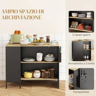 Isla De Cocina Con Amplia Superficie De Trabajo, Mueble De Cocina Con Estante, Soporte Para Cuchillos Y Armario Con Puerta Corredera, Negro