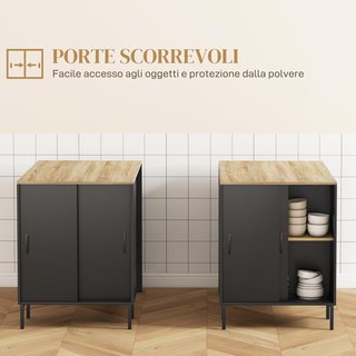 Isla De Cocina Con Amplia Superficie De Trabajo, Mueble De Cocina Con Estante, Soporte Para Cuchillos Y Armario Con Puerta Corredera, Negro