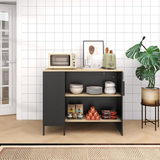 Isla De Cocina Con Amplia Superficie De Trabajo, Mueble De Cocina Con Estante, Soporte Para Cuchillos Y Armario Con Puerta Corredera, Negro