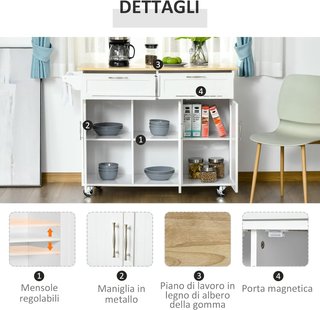 Carro de Cocina Multifuncional Con 2 Cajones, 3 Puertas Y 4 Ruedas, de Madera Y MDF, 121X46X91Cm, Blanco