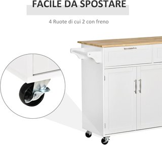 Carro de Cocina Multifuncional Con 2 Cajones, 3 Puertas Y 4 Ruedas, de Madera Y MDF, 121X46X91Cm, Blanco