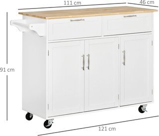 Carro de Cocina Multifuncional Con 2 Cajones, 3 Puertas Y 4 Ruedas, de Madera Y MDF, 121X46X91Cm, Blanco