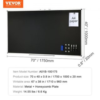 Pizarra Negra, Pizarra Grande de 70 x 40 pulgadas con Marco de Aluminio, Pizarras de Secado en Seco Incluye 1 Borrador Magnético y 3 Marcadores de Secado en Seco, Superficie Negra, para Oficina, H...