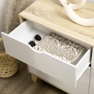 Cómoda de Dormitorio de 6 Cajones, Comoda Moderna con Patas en Trapezio y Manijas Talladas, Mueble para Pasillo, Sala de Estar y Habitación Infantil en Madera, 120X40X76 Cm, Blanco y Roble