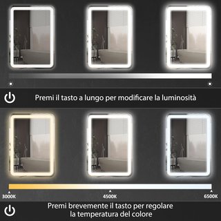 Espejo de Baño con Luz LED 70X90 cm, Espejo de Pared con 3 Colores Regulables, Función de Memoria, Antiempañamiento, Interruptores Táctiles, en Vidrio Templado, IP44, Horizontal/Vertical