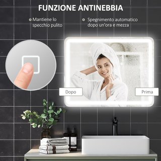 Espejo de Baño con Luz LED 70X90 cm, Espejo de Pared con 3 Colores Regulables, Función de Memoria, Antiempañamiento, Interruptores Táctiles, en Vidrio Templado, IP44, Horizontal/Vertical