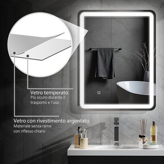 Espejo de Baño con Luz LED 70X90 cm, Espejo de Pared con 3 Colores Regulables, Función de Memoria, Antiempañamiento, Interruptores Táctiles, en Vidrio Templado, IP44, Horizontal/Vertical