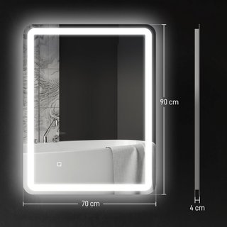Espejo de Baño con Luz LED 70X90 cm, Espejo de Pared con 3 Colores Regulables, Función de Memoria, Antiempañamiento, Interruptores Táctiles, en Vidrio Templado, IP44, Horizontal/Vertical