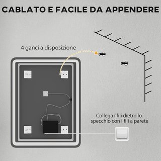 Espejo de Baño con Luz LED 70X90 cm, Espejo de Pared con 3 Colores Regulables, Función de Memoria, Antiempañamiento, Interruptores Táctiles, en Vidrio Templado, IP44, Horizontal/Vertical