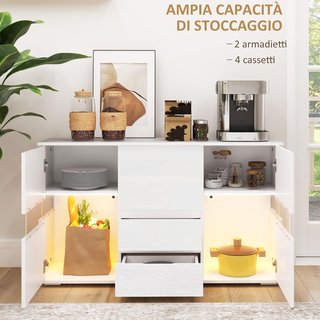 Credenza Moderna Con Luz LED Regulable Con Control Remoto, Mueble De Salón Con 4 Cajones Y 2 Armarios, 120X34X70 Cm, Blanco