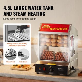 Vaporera de Perros Calientes, 27L, Vaporera de Perros Calientes de 2 Niveles, Control de Temperatura de 30℃~85℃, Calentador de Panecillos Eléctrico con Puertas de Vidrio Templado, Plato de Separac...