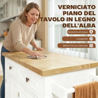 Carro De Cocina Con Ruedas, Estantes Regulables Y Porta Especias, Isla De Cocina Con Superficie De Trabajo De Madera De Caucho, Para Cocina Y Sala De Estar, 111X44.5X82.5 Cm, Blanco