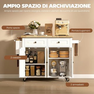 Carro De Cocina Con Ruedas, Estantes Regulables Y Porta Especias, Isla De Cocina Con Superficie De Trabajo De Madera De Caucho, Para Cocina Y Sala De Estar, 111X44.5X82.5 Cm, Blanco