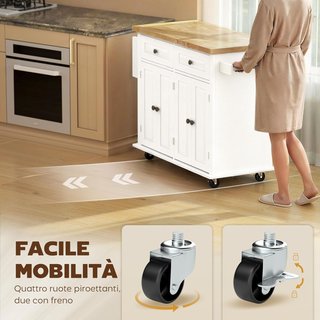 Carro De Cocina Con Ruedas, Estantes Regulables Y Porta Especias, Isla De Cocina Con Superficie De Trabajo De Madera De Caucho, Para Cocina Y Sala De Estar, 111X44.5X82.5 Cm, Blanco