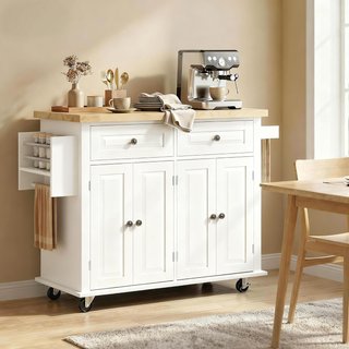 Carro De Cocina Con Ruedas, Estantes Regulables Y Porta Especias, Isla De Cocina Con Superficie De Trabajo De Madera De Caucho, Para Cocina Y Sala De Estar, 111X44.5X82.5 Cm, Blanco