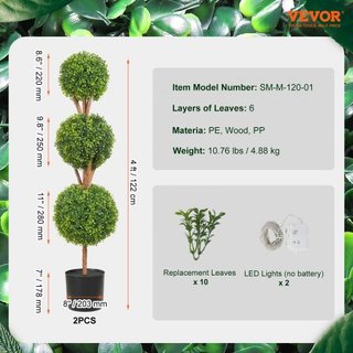 Árboles Topiarios Artificiales de Buxo, 48 pulgadas de altura (2 piezas), planta topiaria falsa en forma de bola con macetas, planta verde falsa con hojas reemplazables y puerto para decoración in...