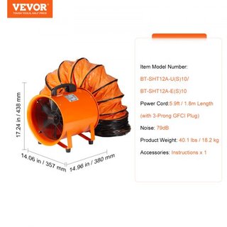 Ventilador Portátil, Ventilador Cilíndrico de 304.8mm de Alta Resistencia con Manguera de Conducto de 10m, Soplador de Escape Fuerte de 367W 2574CFM, Soplador Industrial para Aspirar Polvo, Humo, ...