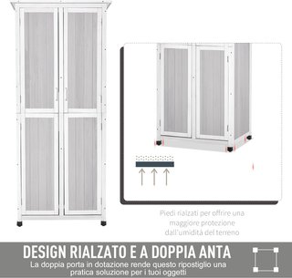 Caseta de Herramientas de Madera de Abeto de 3 Niveles con Techo de Betún y Ganchos, 77X58X175 Cm, Gris