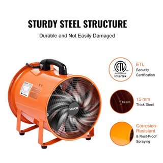 Ventilador Portátil de 300 mm, Ventilador Industrial de Alta Velocidad de 2 Velocidades 2894CFM con Manguera Flexible de 10 m, Ventilador Axial de Escape para Sótanos, Talleres, Almacenes, Naranja