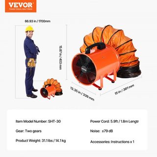 Ventilador Portátil de 300 mm, Ventilador Industrial de Alta Velocidad de 2 Velocidades 2894CFM con Manguera Flexible de 10 m, Ventilador Axial de Escape para Sótanos, Talleres, Almacenes, Naranja