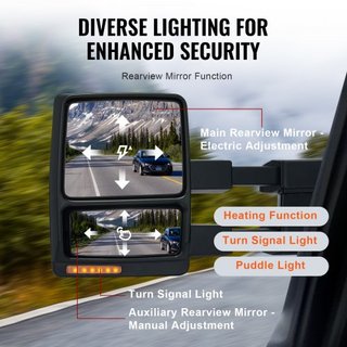 Espejos de Remolque, Juego de Par Izquierdo y Derecho para Ford F150 2004-2014, Calentados por Poder con Luz de Señal y Luz de Charco, Cristal Plano y Convexo, Control Manual Telescópico Plegable,...