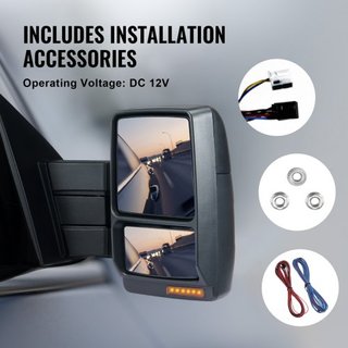 Espejos de Remolque, Juego de Par Izquierdo y Derecho para Ford F150 2004-2014, Calentados por Poder con Luz de Señal y Luz de Charco, Cristal Plano y Convexo, Control Manual Telescópico Plegable,...