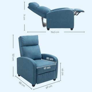 Sillón Relax Reclinable Manual con Reposapiés, Sillón Reclinable Acolchado en Tejido Efecto Lino para Dormitorio, Salón y Sala de Estar, Azul