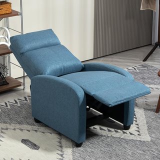 Sillón Relax Reclinable Manual con Reposapiés, Sillón Reclinable Acolchado en Tejido Efecto Lino para Dormitorio, Salón y Sala de Estar, Azul