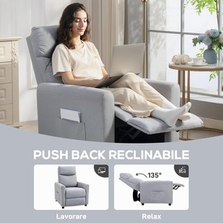 Sillón Relax Reclinable Manual 135° Con Reposapiés, Sofá Individual Reclinable Ergonómico Acolchado en Tejido Efecto Lino para Sala de Estar y Dormitorio, 73X86X100 Cm, Gris Claro