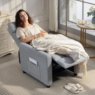 Sillón Relax Reclinable Manual 135° Con Reposapiés, Sofá Individual Reclinable Ergonómico Acolchado en Tejido Efecto Lino para Sala de Estar y Dormitorio, 73X86X100 Cm, Gris Claro