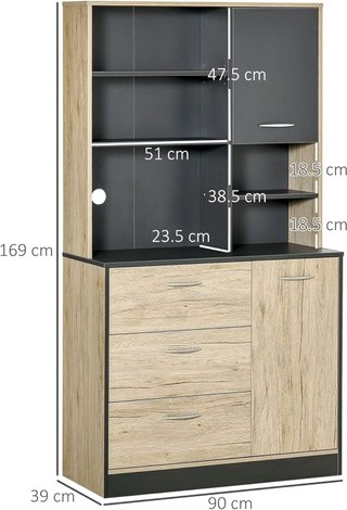 Mobile da Cucina Credenza Moderna Salvaspazio Con 2 Armadietti 3 Cassetti 3 Ripiani in Legno 90 X 39 X 169Cm Color Noce Chiaro