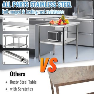Mesa de Preparación de Acero Inoxidable, 30 x 30 x 36 Pulgadas, Capacidad de Carga de 800lbs Mesa de Trabajo de Metal de Alta Resistencia con Estante Inferior y Pies Ajustables, Estación de Trabaj...