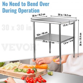Mesa de Preparación de Acero Inoxidable, 30 x 30 x 36 Pulgadas, Capacidad de Carga de 800lbs Mesa de Trabajo de Metal de Alta Resistencia con Estante Inferior y Pies Ajustables, Estación de Trabaj...