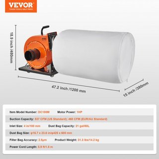 Colector de Polvo, 781.54 m³/h de Flujo de Aire, Colector de Polvo Móvil con Bolsa de Recolección de Polvo de 80 Litros, Filtración de Bolsa de 2.5 Micrones, Contenedor Móvil de Polvo de Madera pa...