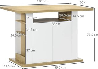 Isla de Cocina 4-6 Personas, Credenza de Cocina Con Armarios de 2 Puertas y Estantes Abiertos, 110X70X75.5 Cm, Blanco y Color Madera
