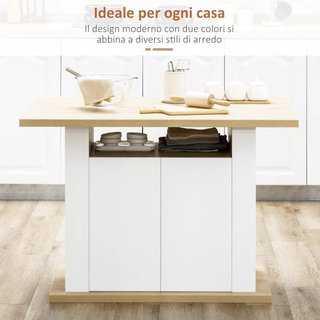 Isla de Cocina 4-6 Personas, Credenza de Cocina Con Armarios de 2 Puertas y Estantes Abiertos, 110X70X75.5 Cm, Blanco y Color Madera