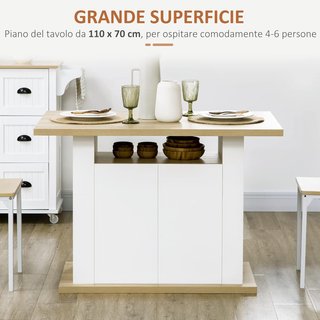Isla de Cocina 4-6 Personas, Credenza de Cocina Con Armarios de 2 Puertas y Estantes Abiertos, 110X70X75.5 Cm, Blanco y Color Madera