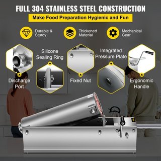 Manual de Embutidora de Salchichas, 7 L / 15 LBS Máquina Horizontal de Embutido, Embutidora de Carne de Doble Velocidad, Hecha de Acero Inoxidable 304 de Grado Alimenticio, Incluye 5 Tubos de Rell...