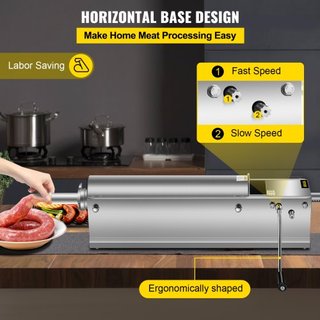 Manual de Embutidora de Salchichas, 7 L / 15 LBS Máquina Horizontal de Embutido, Embutidora de Carne de Doble Velocidad, Hecha de Acero Inoxidable 304 de Grado Alimenticio, Incluye 5 Tubos de Rell...