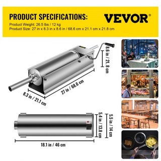 Manual de Embutidora de Salchichas, 7 L / 15 LBS Máquina Horizontal de Embutido, Embutidora de Carne de Doble Velocidad, Hecha de Acero Inoxidable 304 de Grado Alimenticio, Incluye 5 Tubos de Rell...