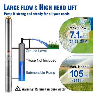 Bomba Sumergible de Pozo Profundo, 1100W 230V 50Hz, 7.1 m³/h Caudal Máximo 105 m Altura Máxima con Cable Eléctrico de 19.4 m, Bombas de Agua de Acero Inoxidable para Riego Industrial y Uso Domésti...